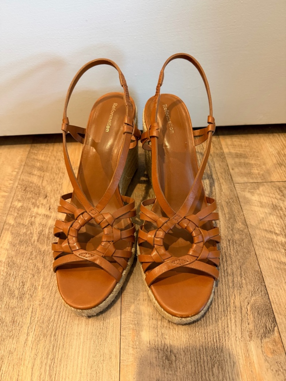 Reformation Cognac Leather Woven Circle Wedge Sandals